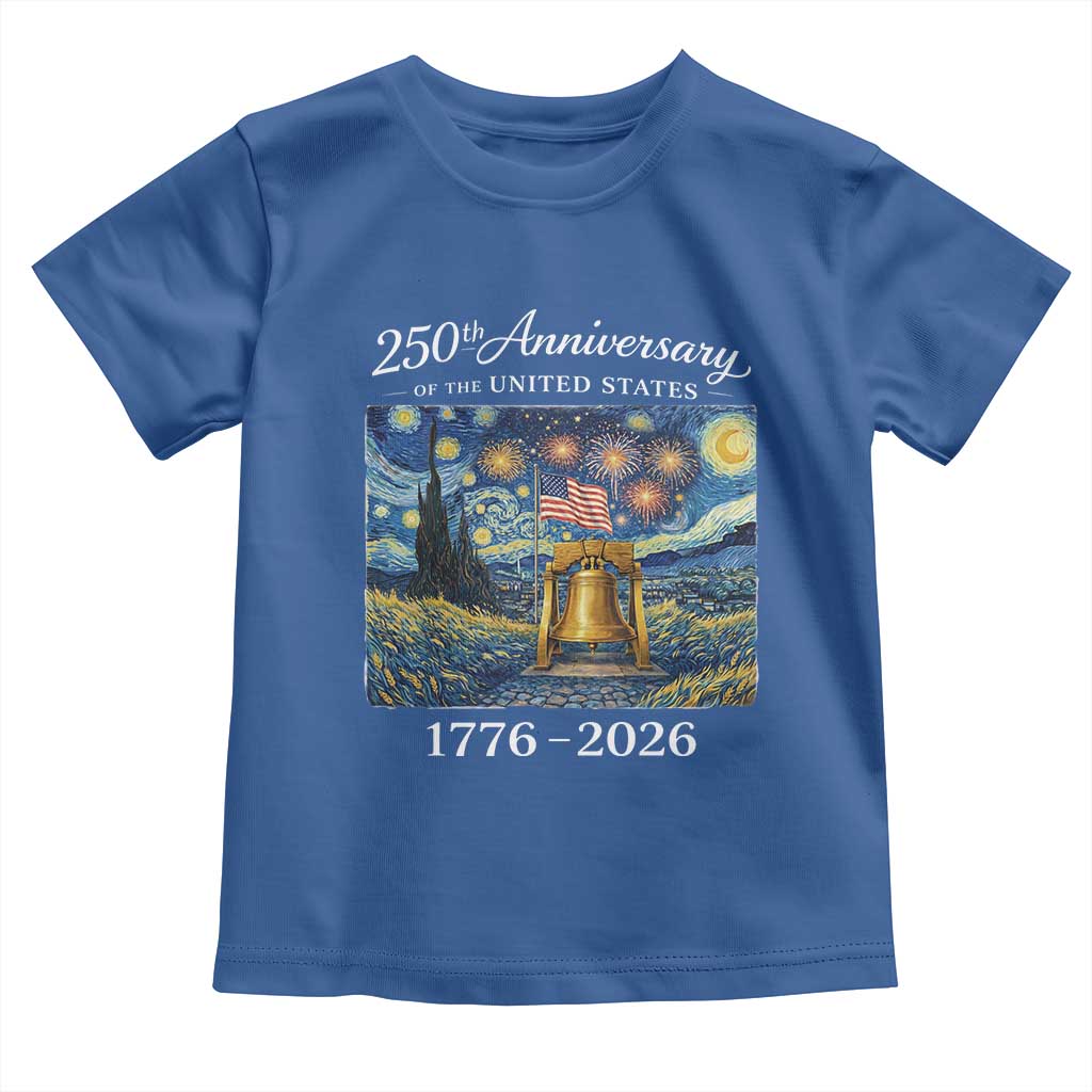 USA 250th Anniversary Toddler T Shirt Patriotic Liberty Bell 1776 2026 American Flag Starry Night