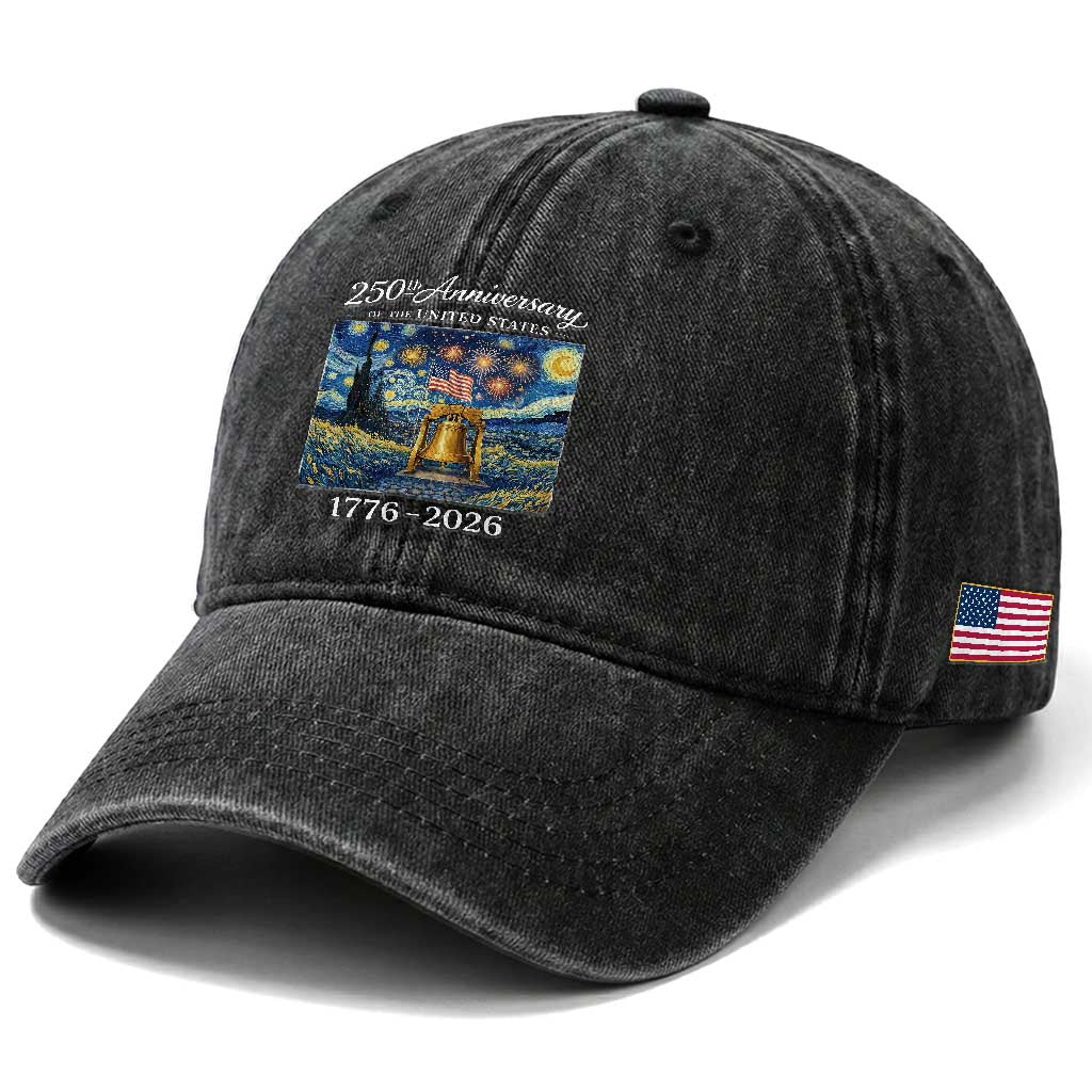 USA 250th Anniversary Washed Cotton Baseball Cap Liberty Bell 1776–2026 Patriotic American Flag Starry Night