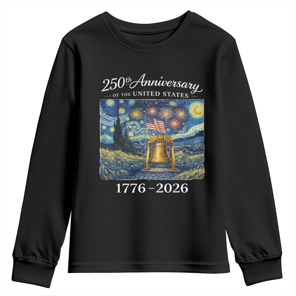 USA 250th Anniversary Youth Sweatshirt Patriotic Liberty Bell 1776 2026 American Flag Starry Night