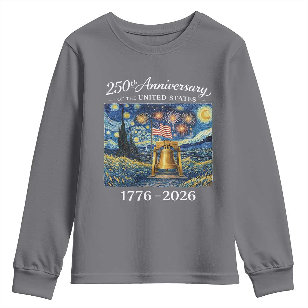 USA 250th Anniversary Youth Sweatshirt Patriotic Liberty Bell 1776 2026 American Flag Starry Night