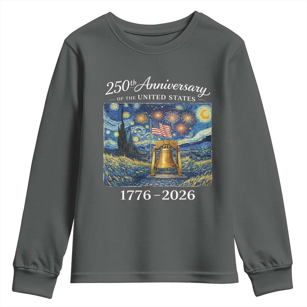 USA 250th Anniversary Youth Sweatshirt Patriotic Liberty Bell 1776 2026 American Flag Starry Night