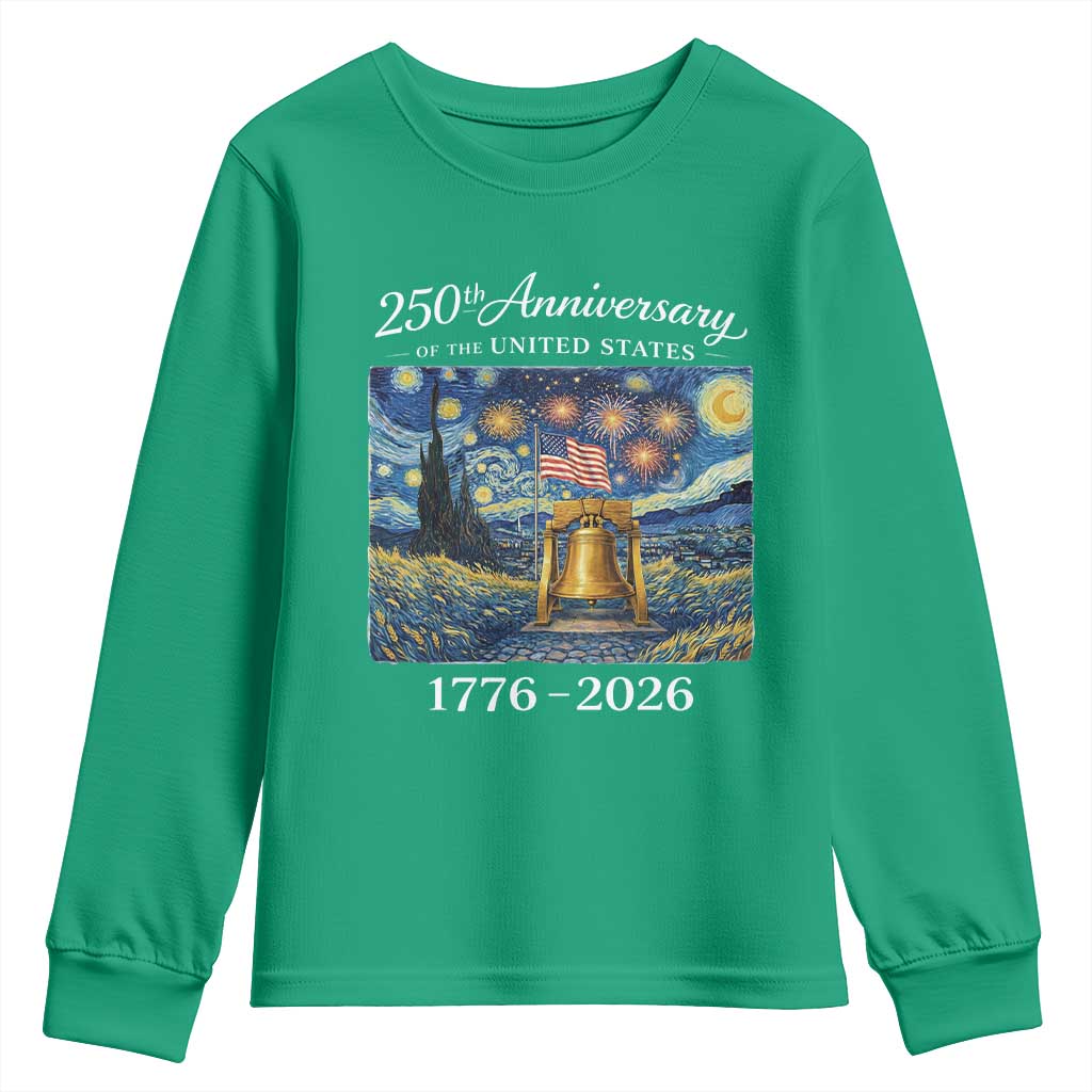 USA 250th Anniversary Youth Sweatshirt Patriotic Liberty Bell 1776 2026 American Flag Starry Night