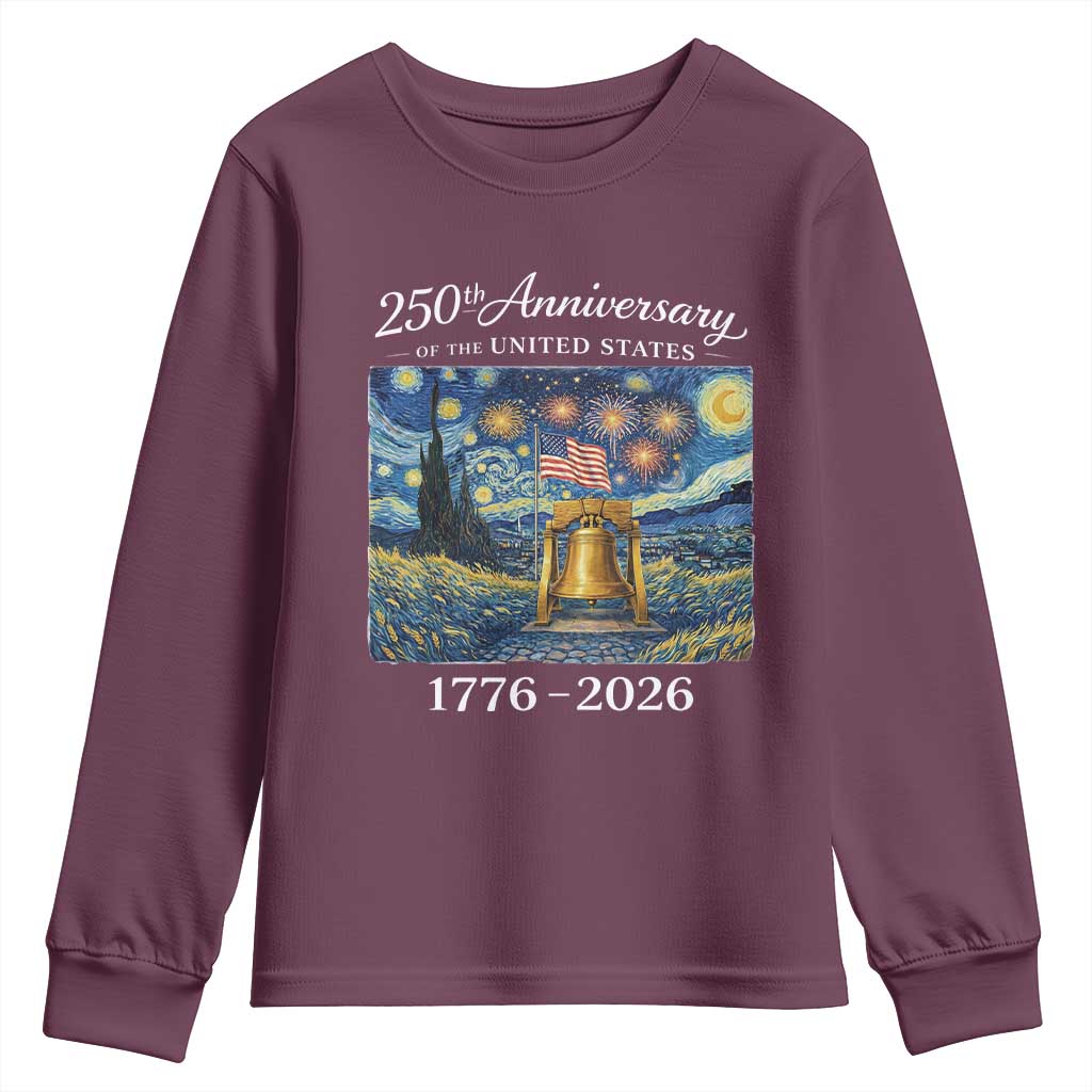 USA 250th Anniversary Youth Sweatshirt Patriotic Liberty Bell 1776 2026 American Flag Starry Night