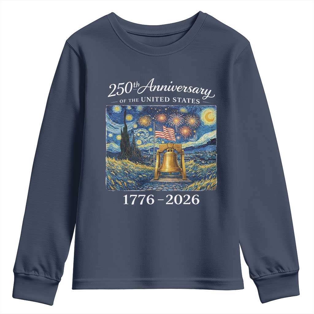 USA 250th Anniversary Youth Sweatshirt Patriotic Liberty Bell 1776 2026 American Flag Starry Night