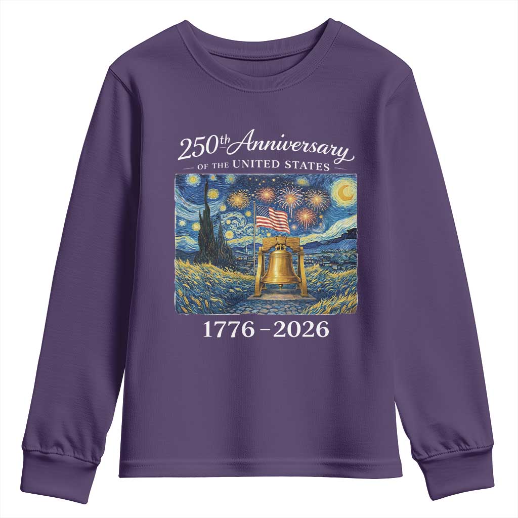 USA 250th Anniversary Youth Sweatshirt Patriotic Liberty Bell 1776 2026 American Flag Starry Night