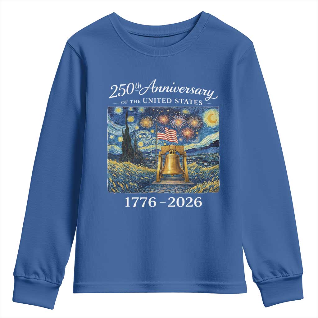 USA 250th Anniversary Youth Sweatshirt Patriotic Liberty Bell 1776 2026 American Flag Starry Night