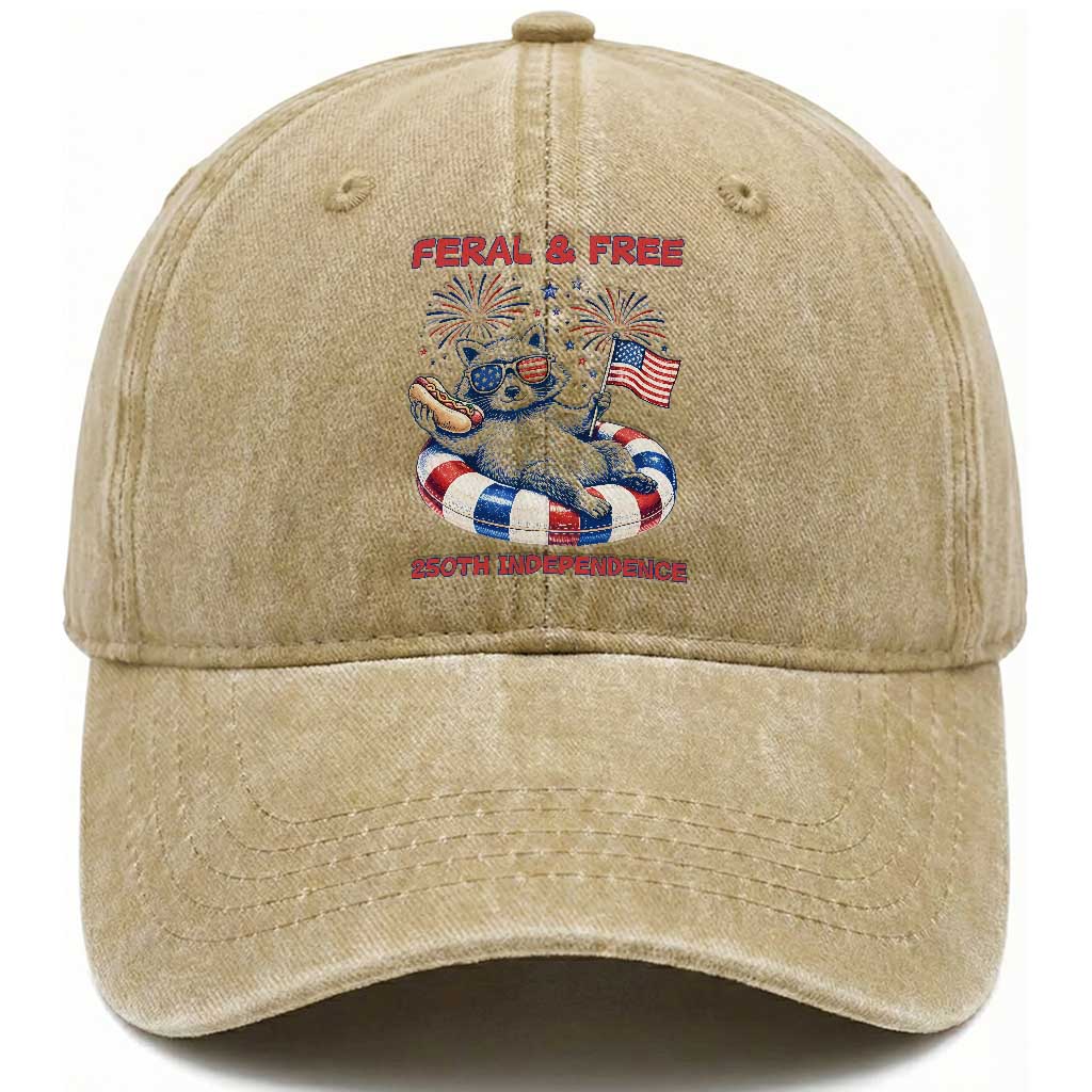 Feral and Free Funny Raccoon 4th of July Washed Cotton Baseball Cap 250 Years Of Freedom