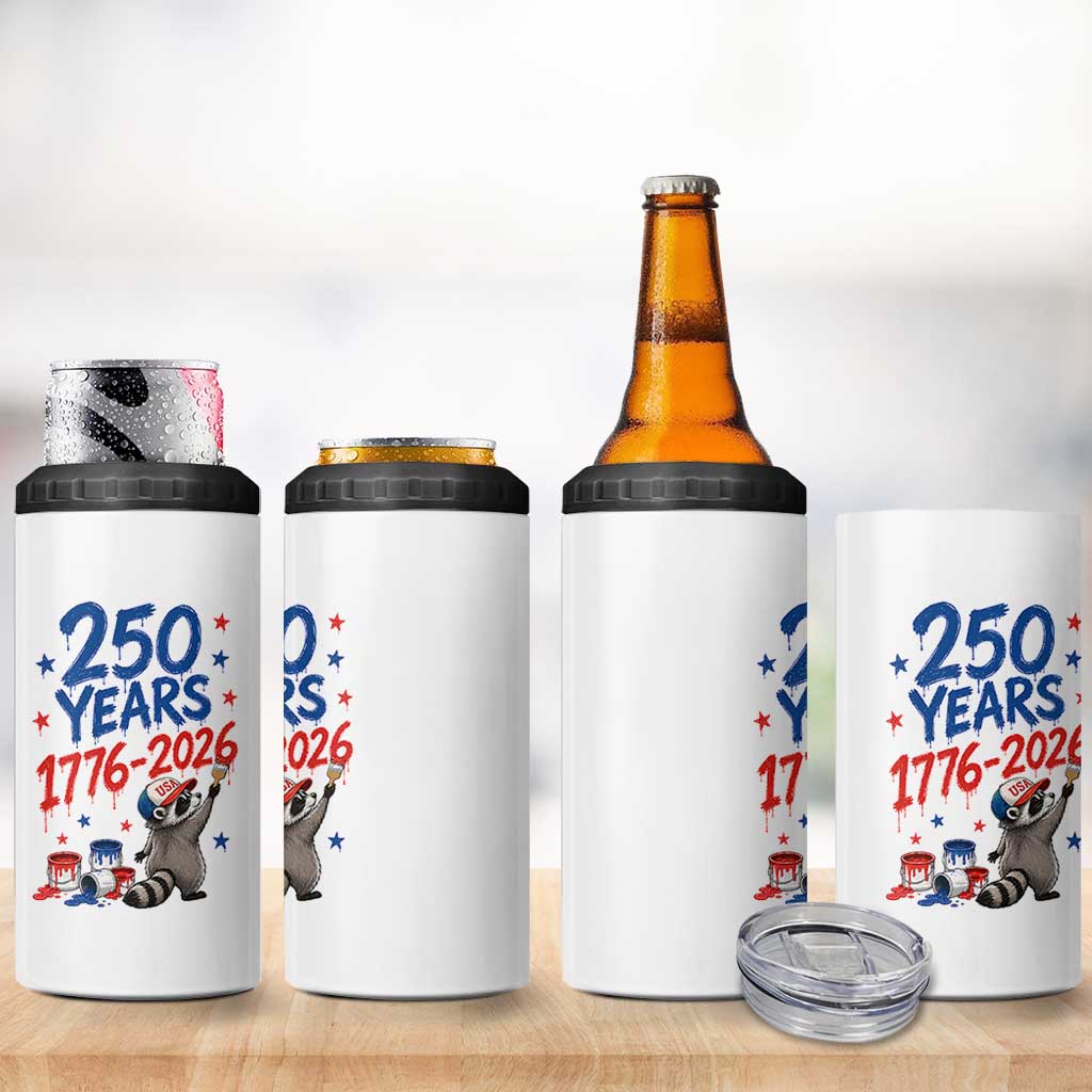 250th Anniversary USA 4 in 1 Can Cooler Tumbler Patriotic Raccoon American Flag 4th of July