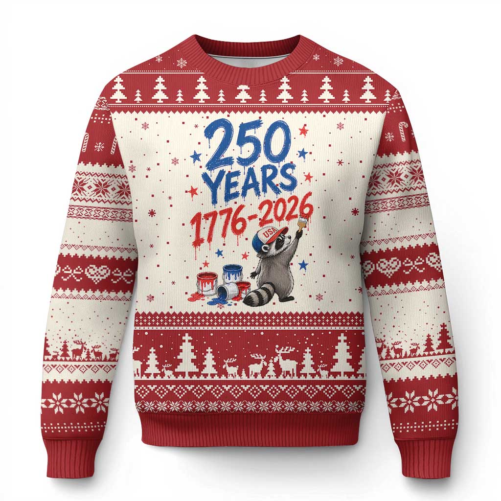 250th Anniversary USA Ugly Christmas Sweater Patriotic Raccoon American Flag 4th of July