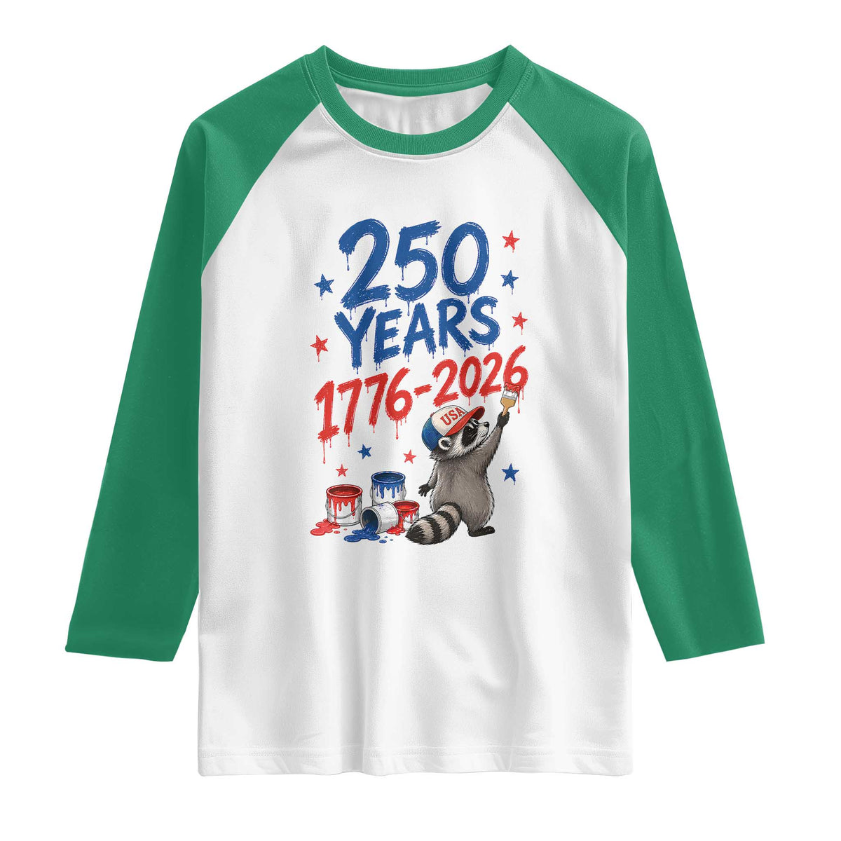 250th Anniversary USA Raglan Shirt Patriotic Raccoon American Flag 4th of July