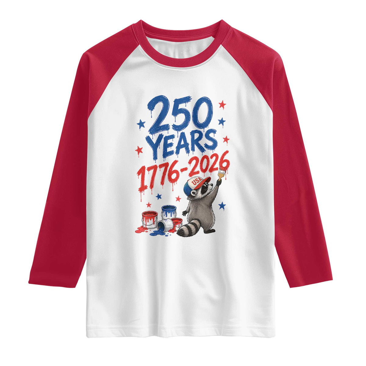 250th Anniversary USA Raglan Shirt Patriotic Raccoon American Flag 4th of July