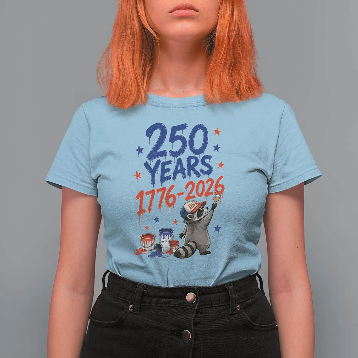 250th Anniversary USA T Shirt For Women Patriotic Raccoon American Flag 4th of July