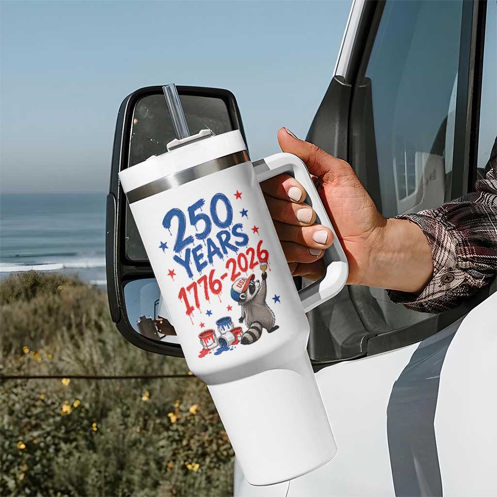 250th Anniversary USA Tumbler With Handle Patriotic Raccoon American Flag 4th of July
