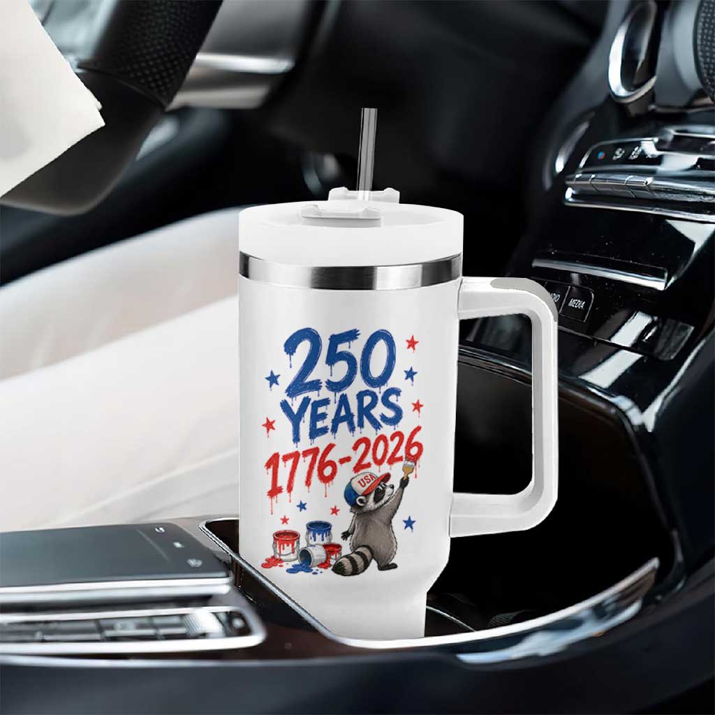 250th Anniversary USA Tumbler With Handle Patriotic Raccoon American Flag 4th of July