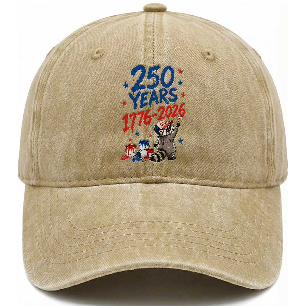 250th Anniversary USA Washed Cotton Baseball Cap Patriotic Raccoon American Flag 4th of July
