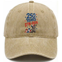 250th Anniversary USA Washed Cotton Baseball Cap Patriotic Raccoon American Flag 4th of July