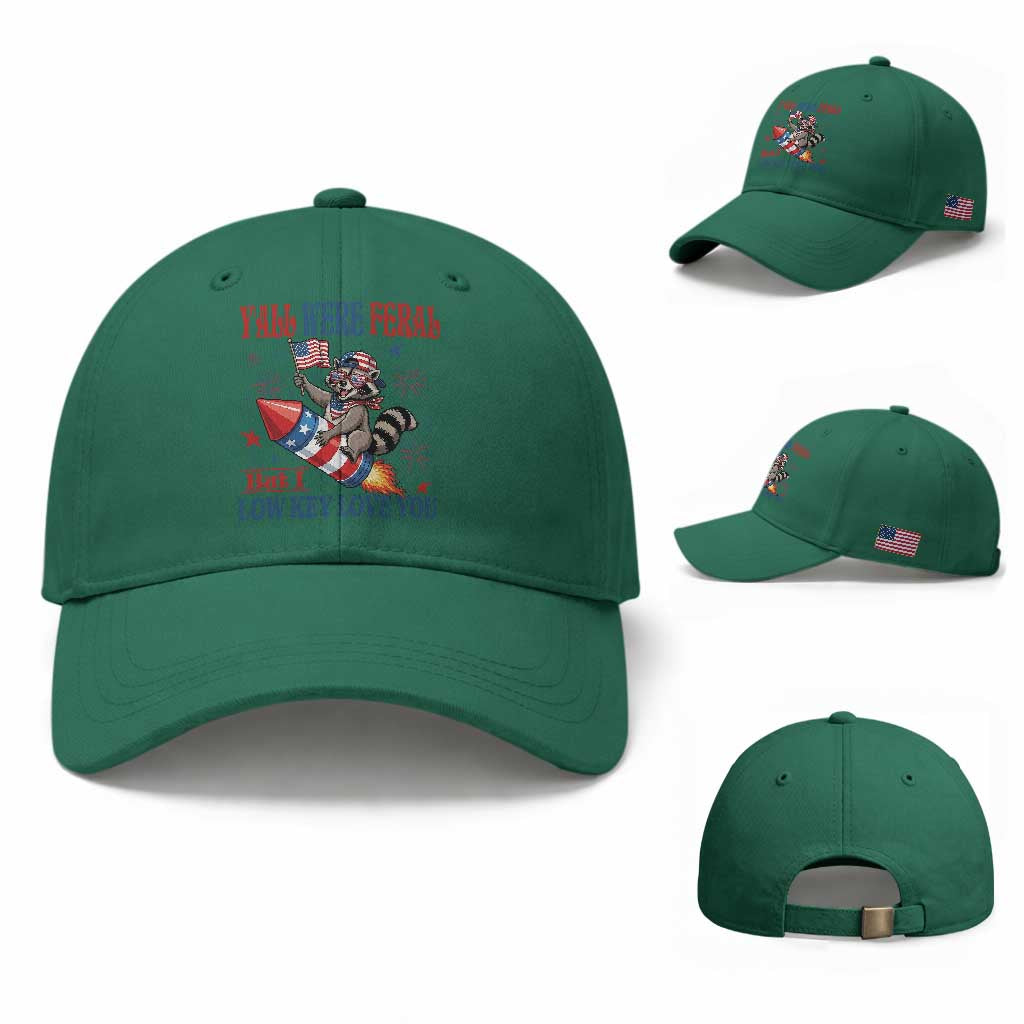 Y'all were Feral But I Low Key Love You Baseball Cap Raccoon Cute Teacher 4th of July