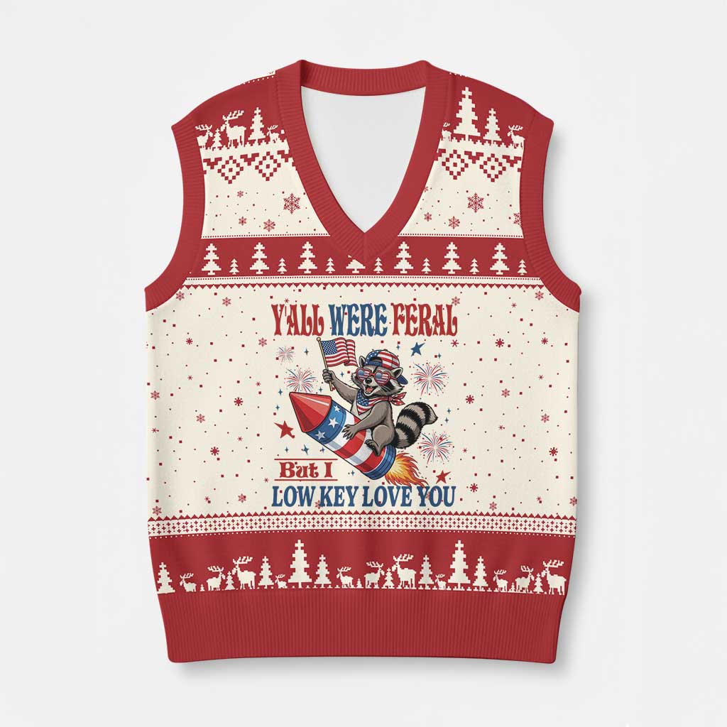 Y'all were Feral But I Low Key Love You V-Neck Knit Sweater Vest Raccoon Cute Teacher 4th of July