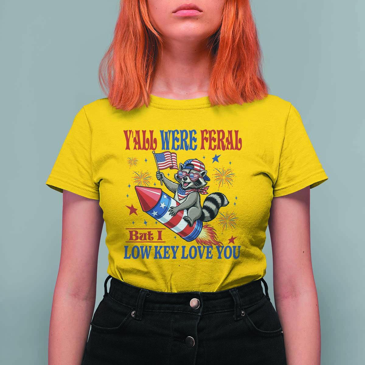 Y'all were Feral But I Low Key Love You T Shirt For Women Raccoon Cute Teacher 4th of July