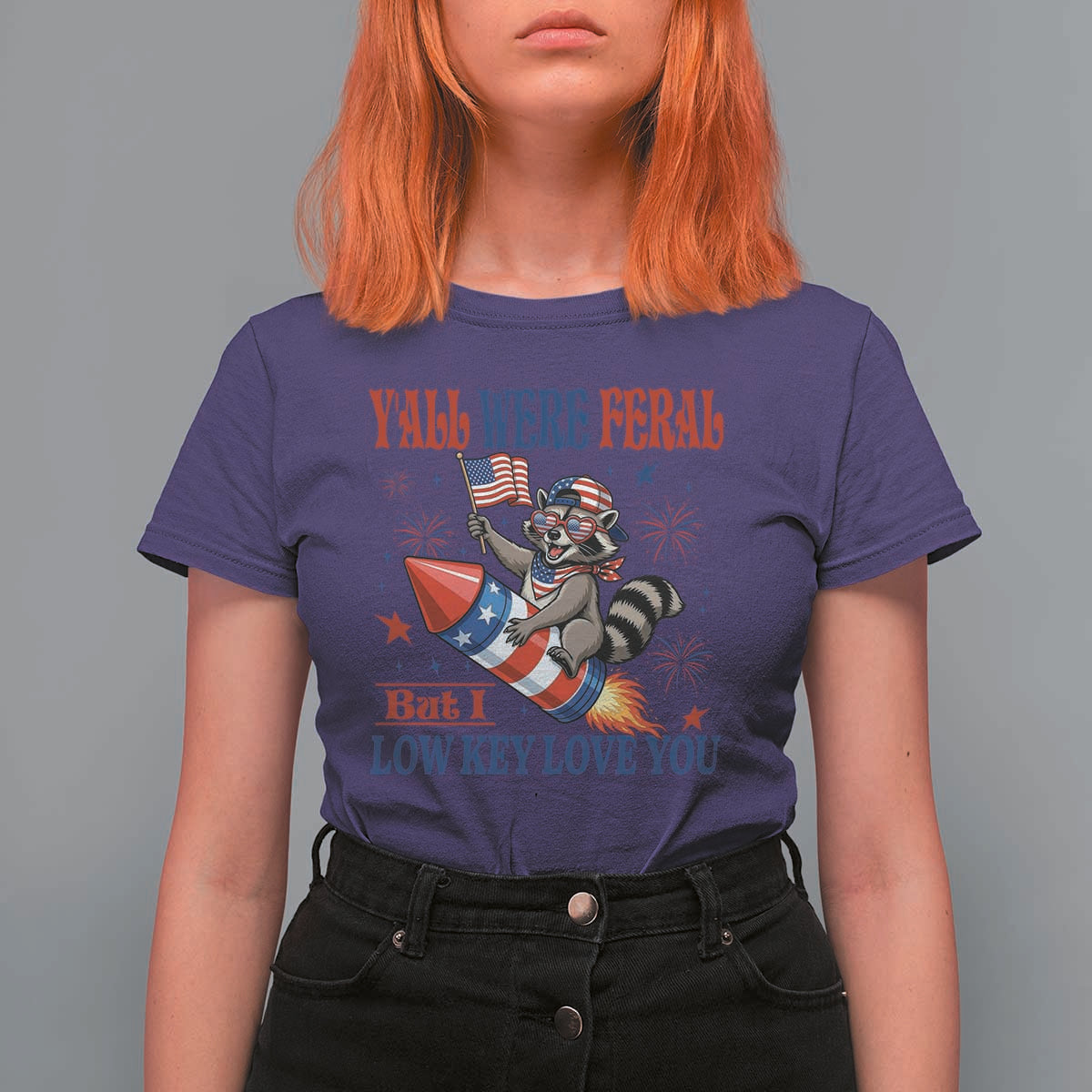 Y'all were Feral But I Low Key Love You T Shirt For Women Raccoon Cute Teacher 4th of July