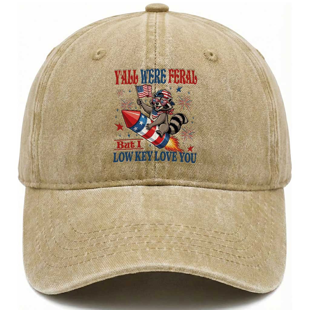 Y'all were Feral But I Low Key Love You Washed Cotton Baseball Cap Raccoon Cute Teacher 4th of July