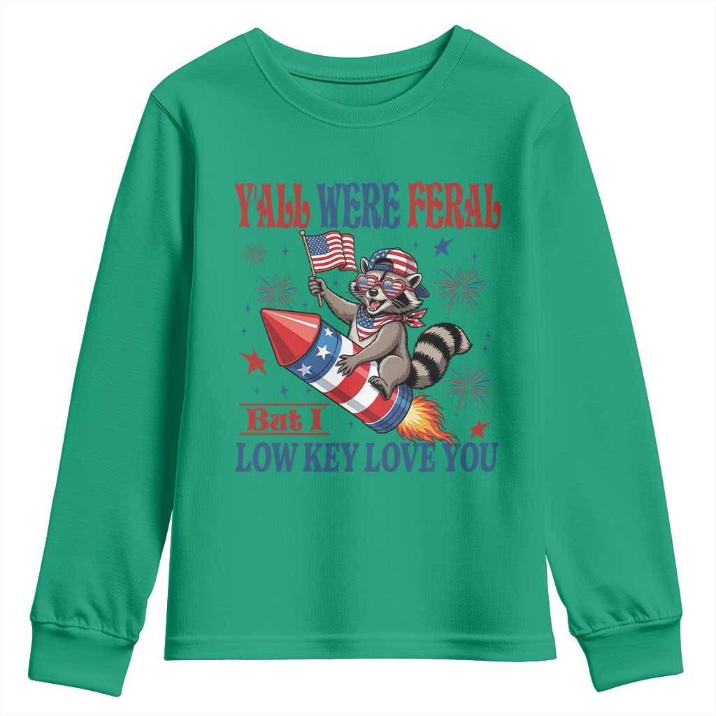 Y'all were Feral But I Low Key Love You Youth Sweatshirt Raccoon Cute Teacher 4th of July