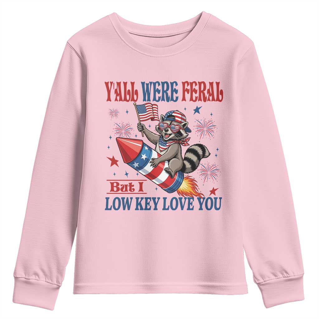 Y'all were Feral But I Low Key Love You Youth Sweatshirt Raccoon Cute Teacher 4th of July
