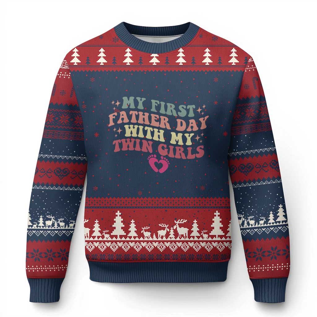 My First Fathers Day With Twin Girls Ugly Christmas Sweater Funny New Dad Gift