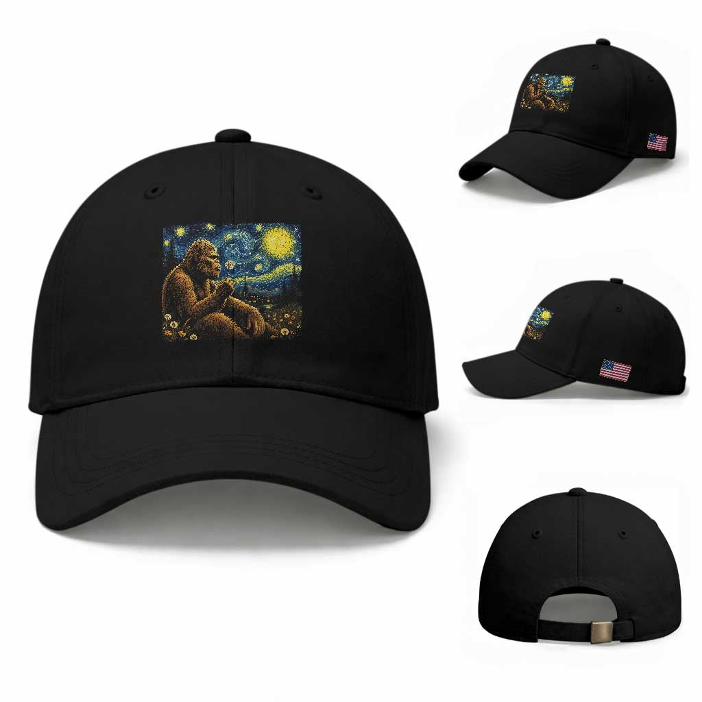 Bigfoot Blowing Dandelion Starry Night Baseball Cap Cryptid Mythical Creature National Park Monster Gift