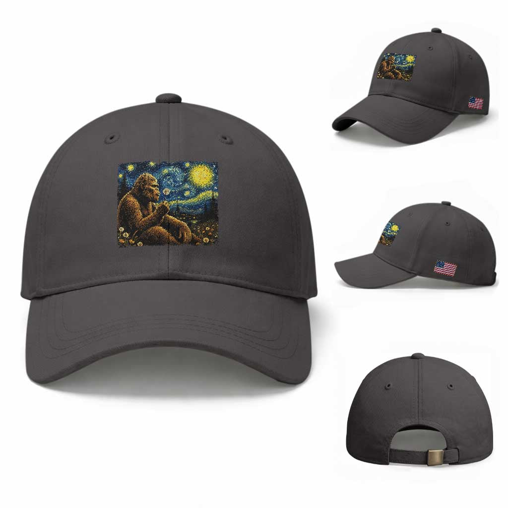 Bigfoot Blowing Dandelion Starry Night Baseball Cap Cryptid Mythical Creature National Park Monster Gift