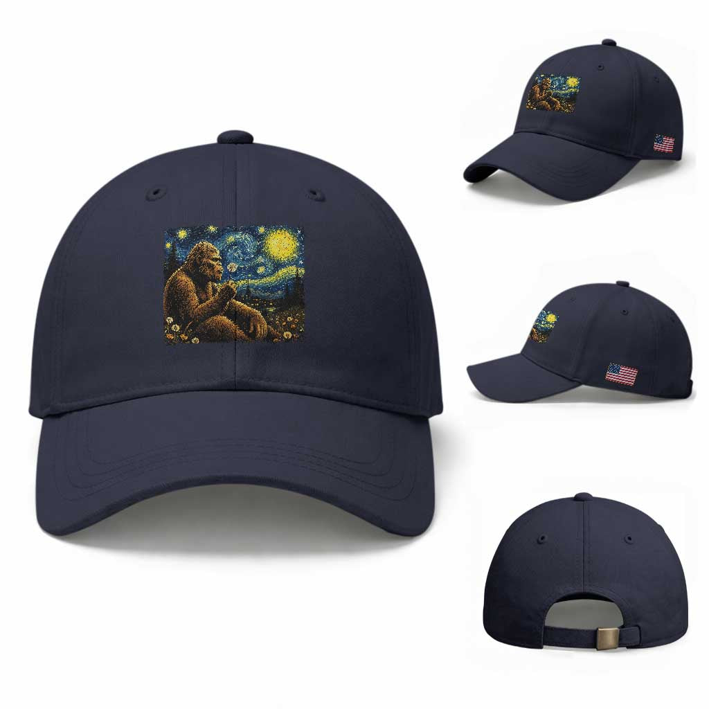 Bigfoot Blowing Dandelion Starry Night Baseball Cap Cryptid Mythical Creature National Park Monster Gift