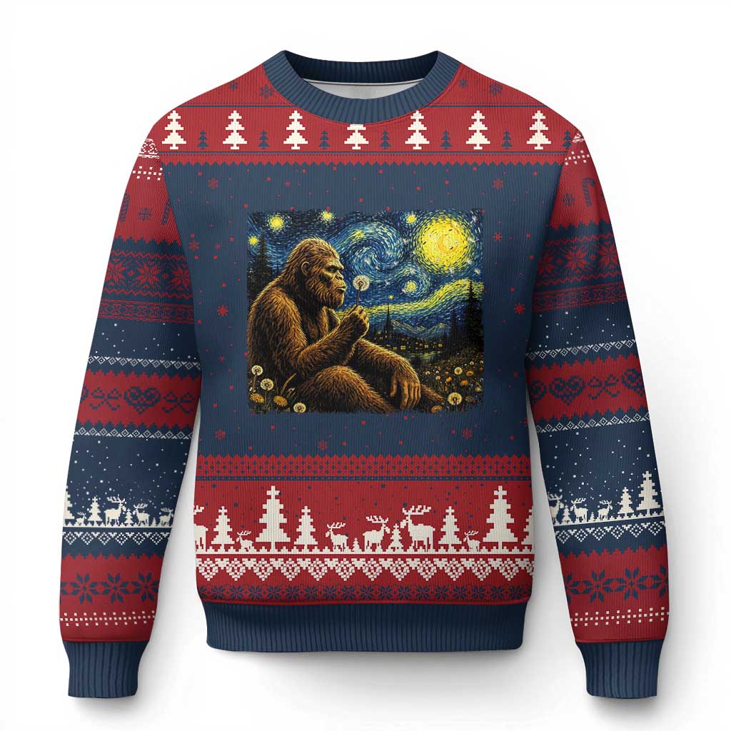 Bigfoot Blowing Dandelion Starry Night Ugly Christmas Sweater Cryptid Mythical Creature National Park Monster Gift