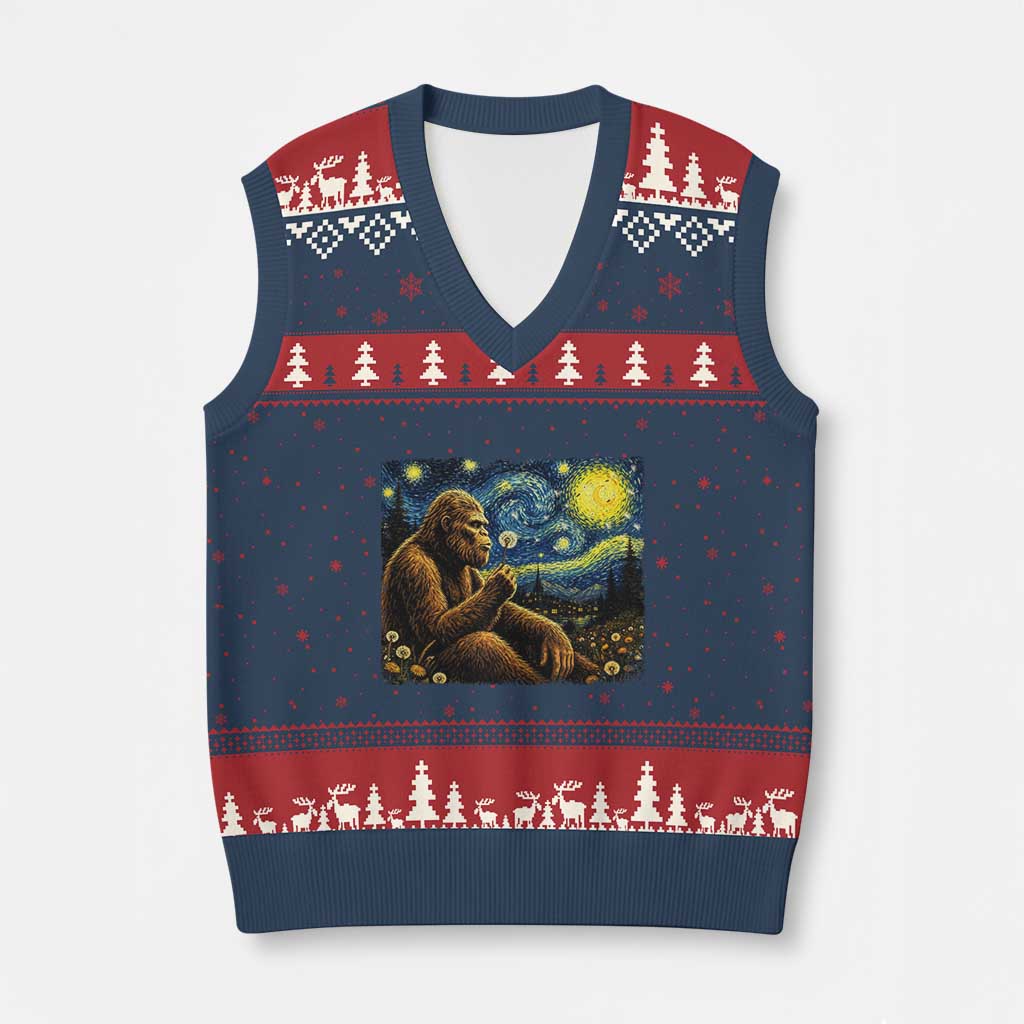 Bigfoot Blowing Dandelion Starry Night V-Neck Knit Sweater Vest Cryptid Mythical Creature National Park Monster Gift