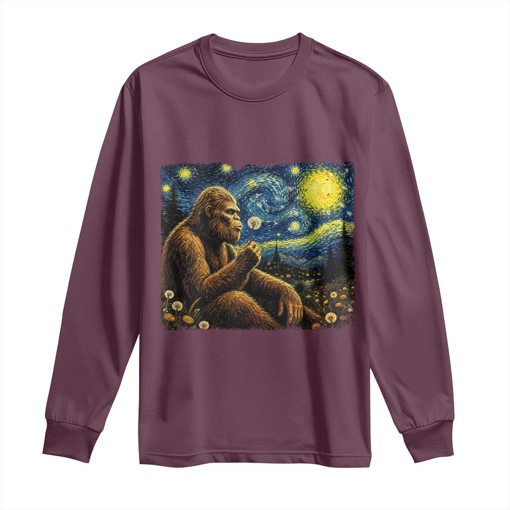 Bigfoot Blowing Dandelion Starry Night Long Sleeve Shirt Cryptid Mythical Creature National Park Monster Gift