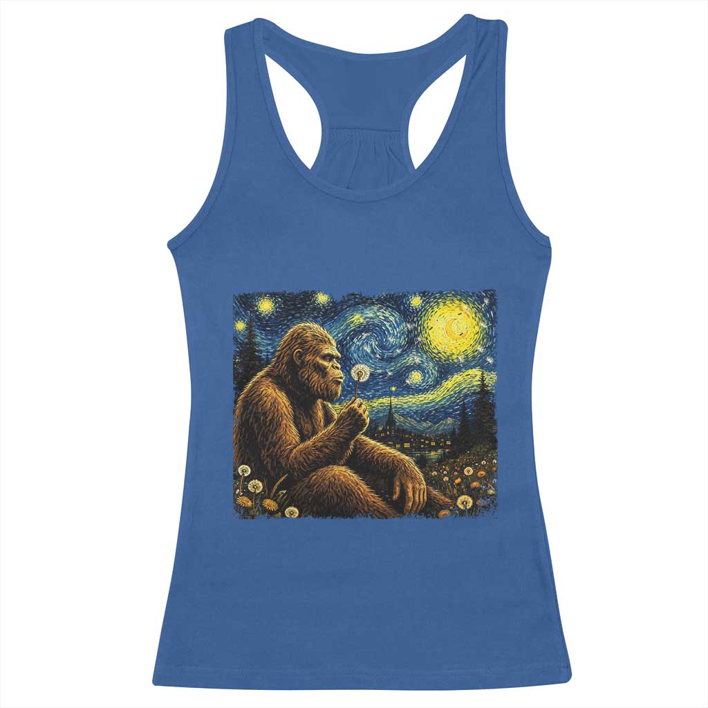 Bigfoot Blowing Dandelion Starry Night Racerback Tank Top Cryptid Mythical Creature National Park Monster Gift