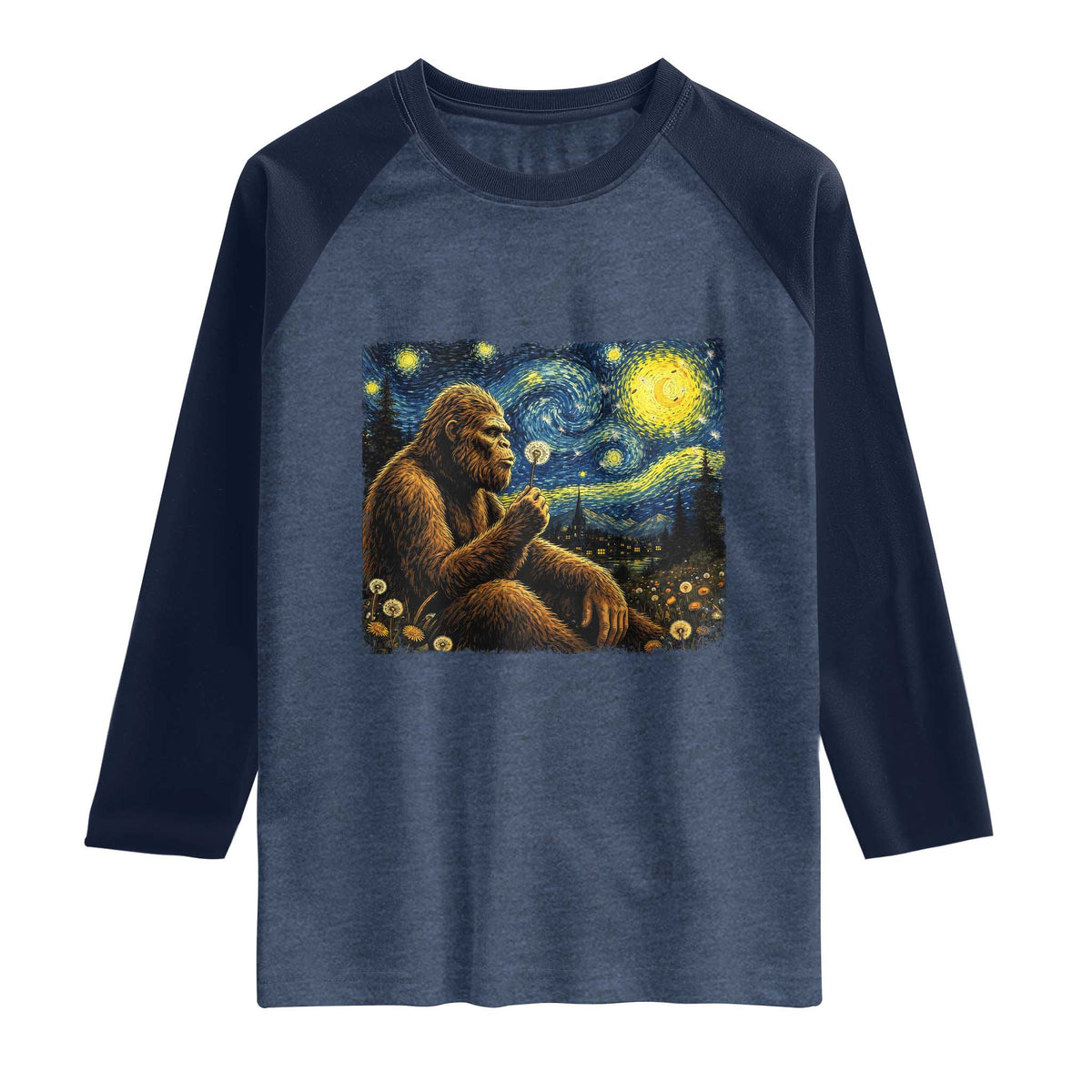 Bigfoot Blowing Dandelion Starry Night Raglan Shirt Cryptid Mythical Creature National Park Monster Gift