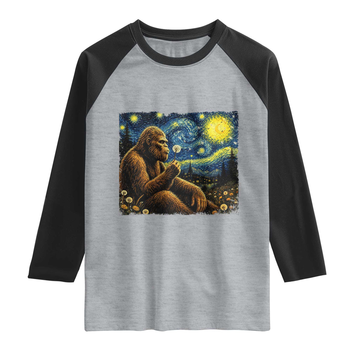 Bigfoot Blowing Dandelion Starry Night Raglan Shirt Cryptid Mythical Creature National Park Monster Gift