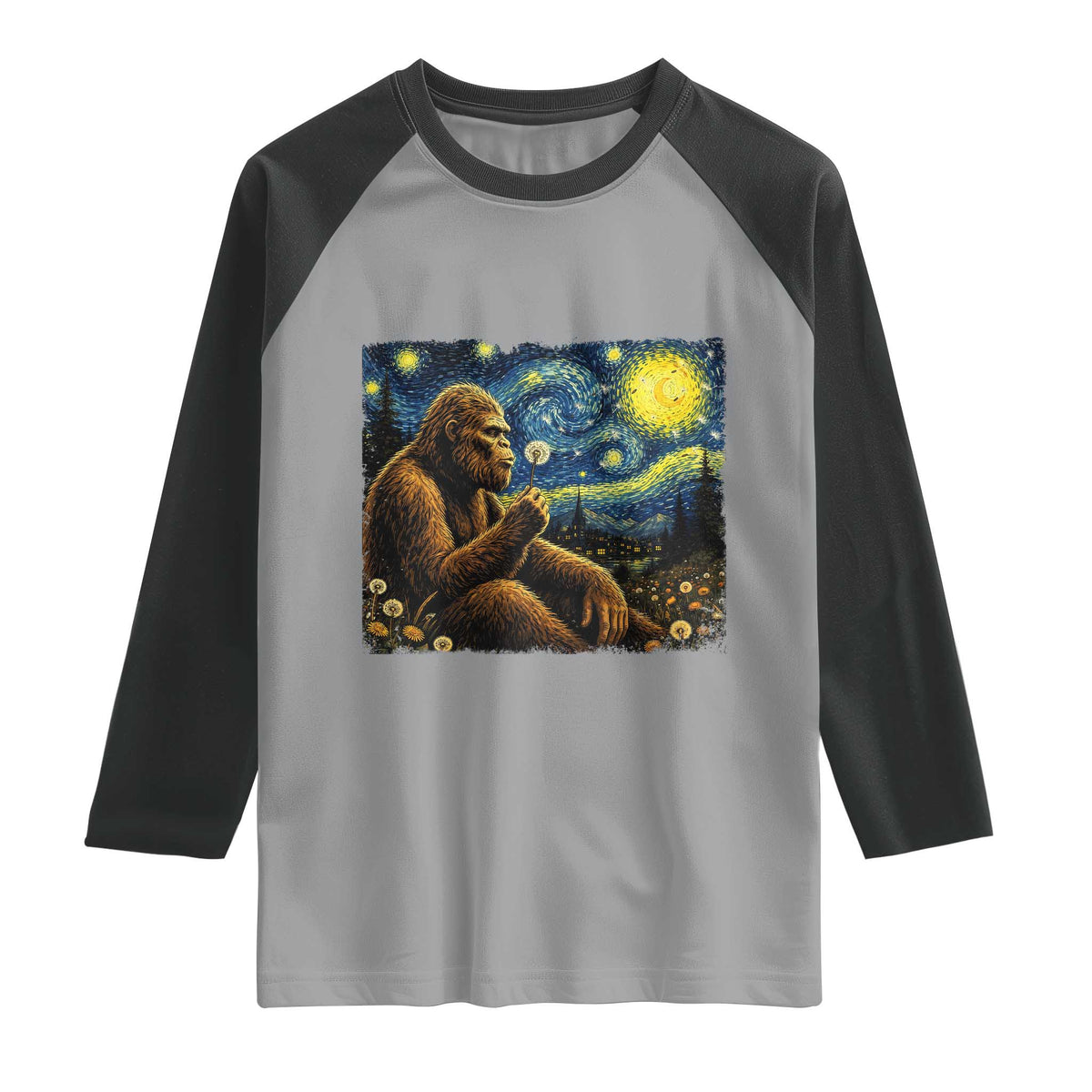 Bigfoot Blowing Dandelion Starry Night Raglan Shirt Cryptid Mythical Creature National Park Monster Gift