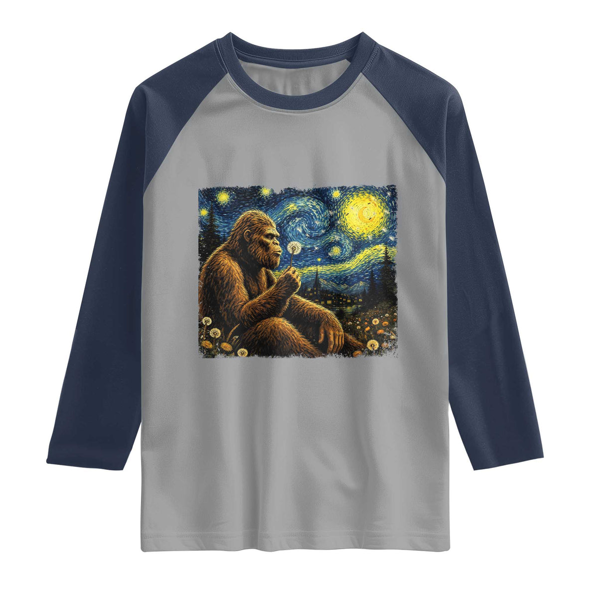 Bigfoot Blowing Dandelion Starry Night Raglan Shirt Cryptid Mythical Creature National Park Monster Gift