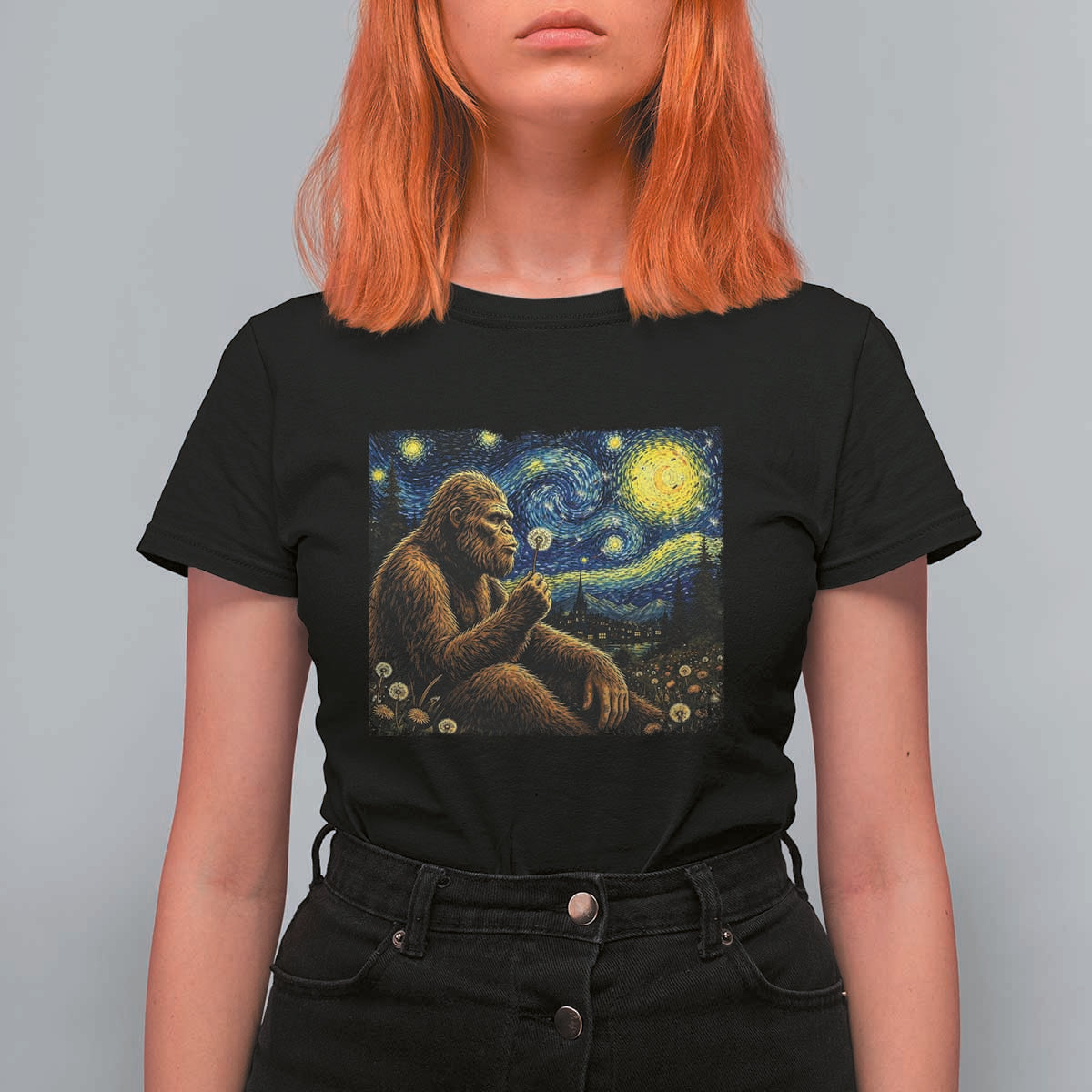 Bigfoot Blowing Dandelion Starry Night T Shirt For Women Cryptid Mythical Creature National Park Monster Gift