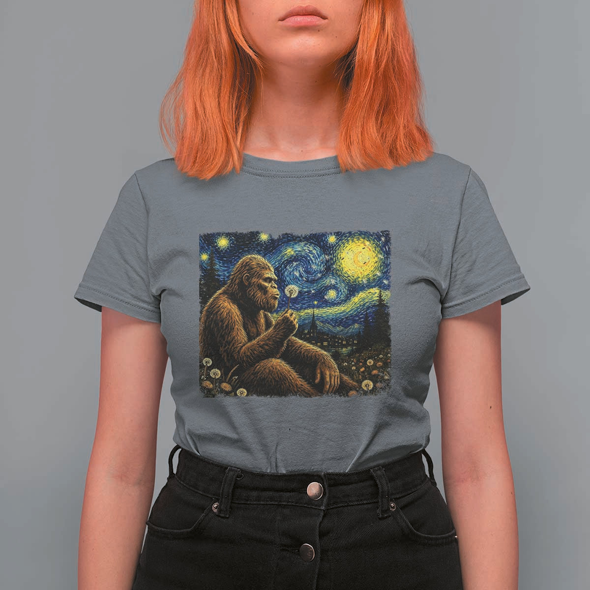Bigfoot Blowing Dandelion Starry Night T Shirt For Women Cryptid Mythical Creature National Park Monster Gift