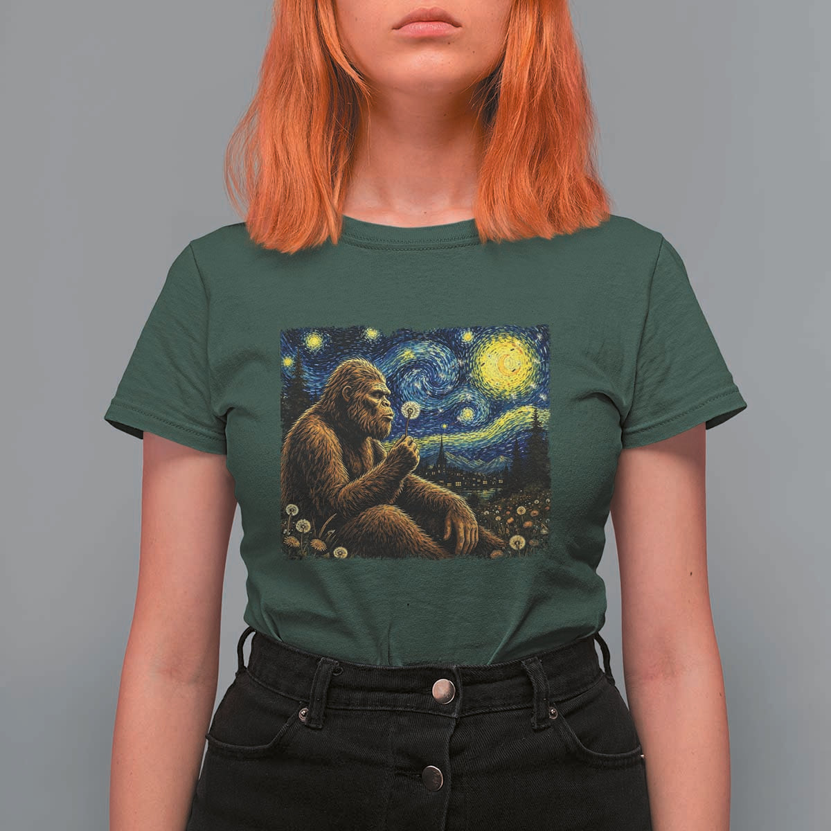Bigfoot Blowing Dandelion Starry Night T Shirt For Women Cryptid Mythical Creature National Park Monster Gift