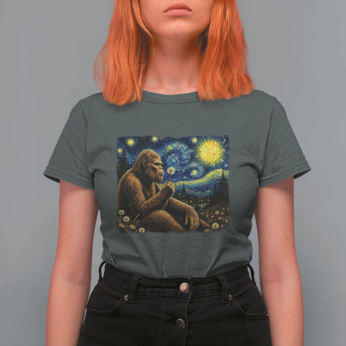 Bigfoot Blowing Dandelion Starry Night T Shirt For Women Cryptid Mythical Creature National Park Monster Gift