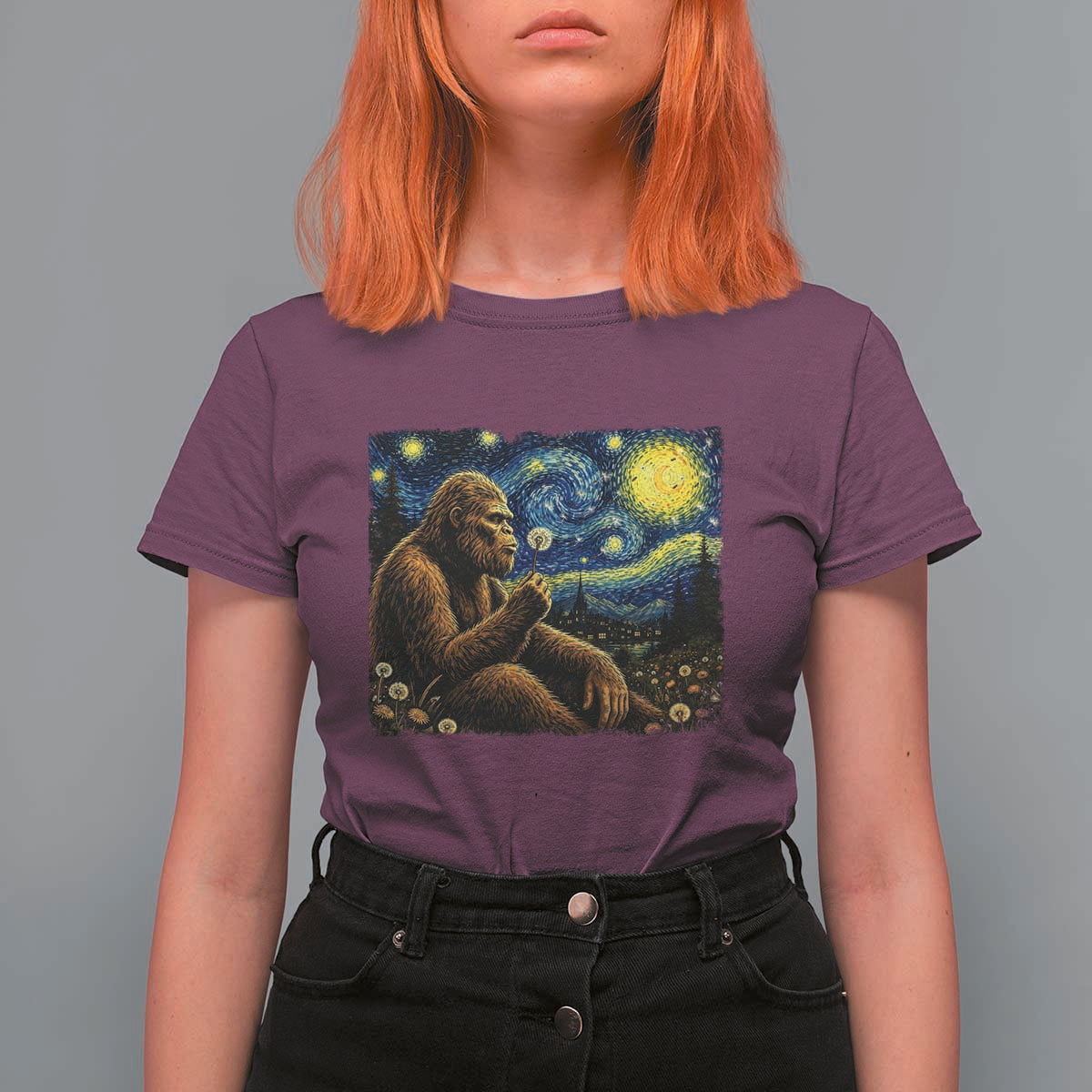 Bigfoot Blowing Dandelion Starry Night T Shirt For Women Cryptid Mythical Creature National Park Monster Gift