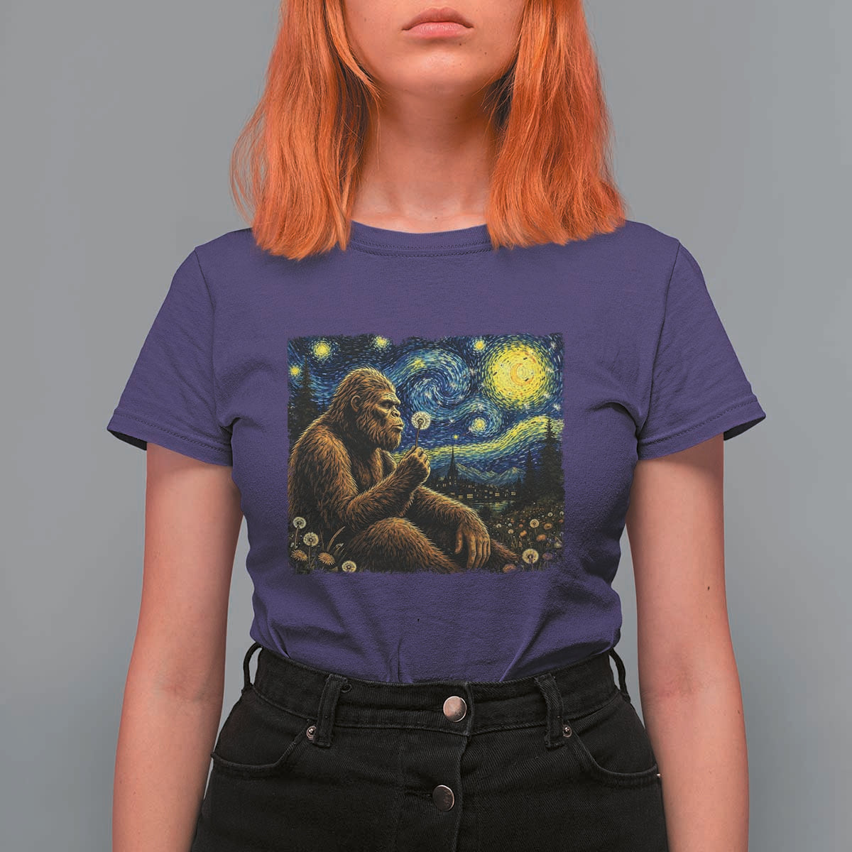 Bigfoot Blowing Dandelion Starry Night T Shirt For Women Cryptid Mythical Creature National Park Monster Gift