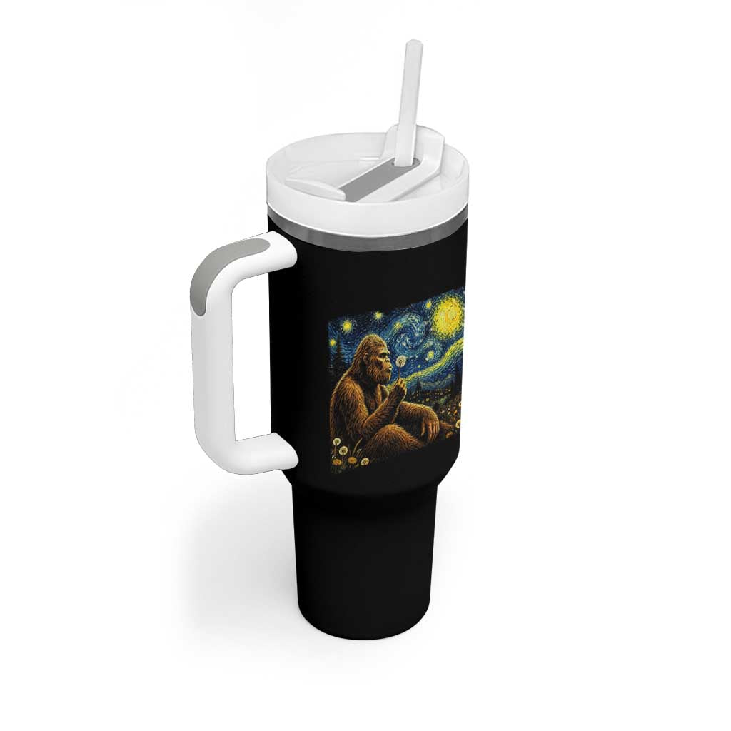 Bigfoot Blowing Dandelion Starry Night Tumbler With Handle Cryptid Mythical Creature National Park Monster Gift