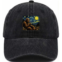 Bigfoot Blowing Dandelion Starry Night Washed Cotton Baseball Cap Cryptid Mythical Creature National Park Monster Gift