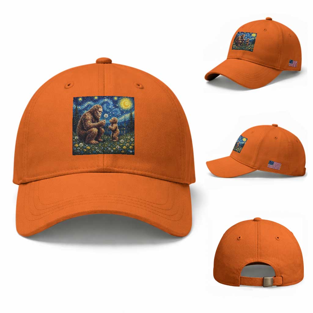 Bigfoot Blowing Dandelion Starry Night Baseball Cap Sasquatch Dad Fathers Day Father Son Matching