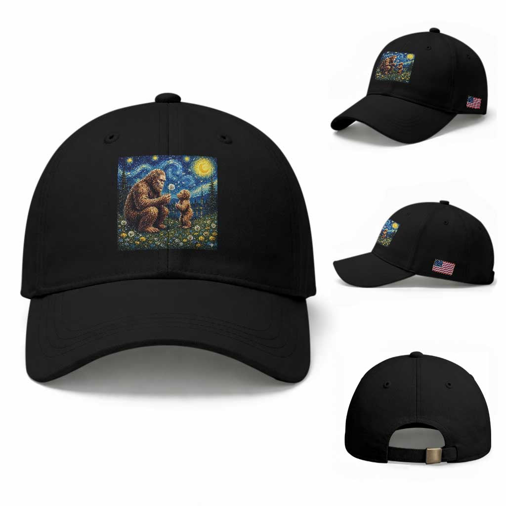 Bigfoot Blowing Dandelion Starry Night Baseball Cap Sasquatch Dad Fathers Day Father Son Matching