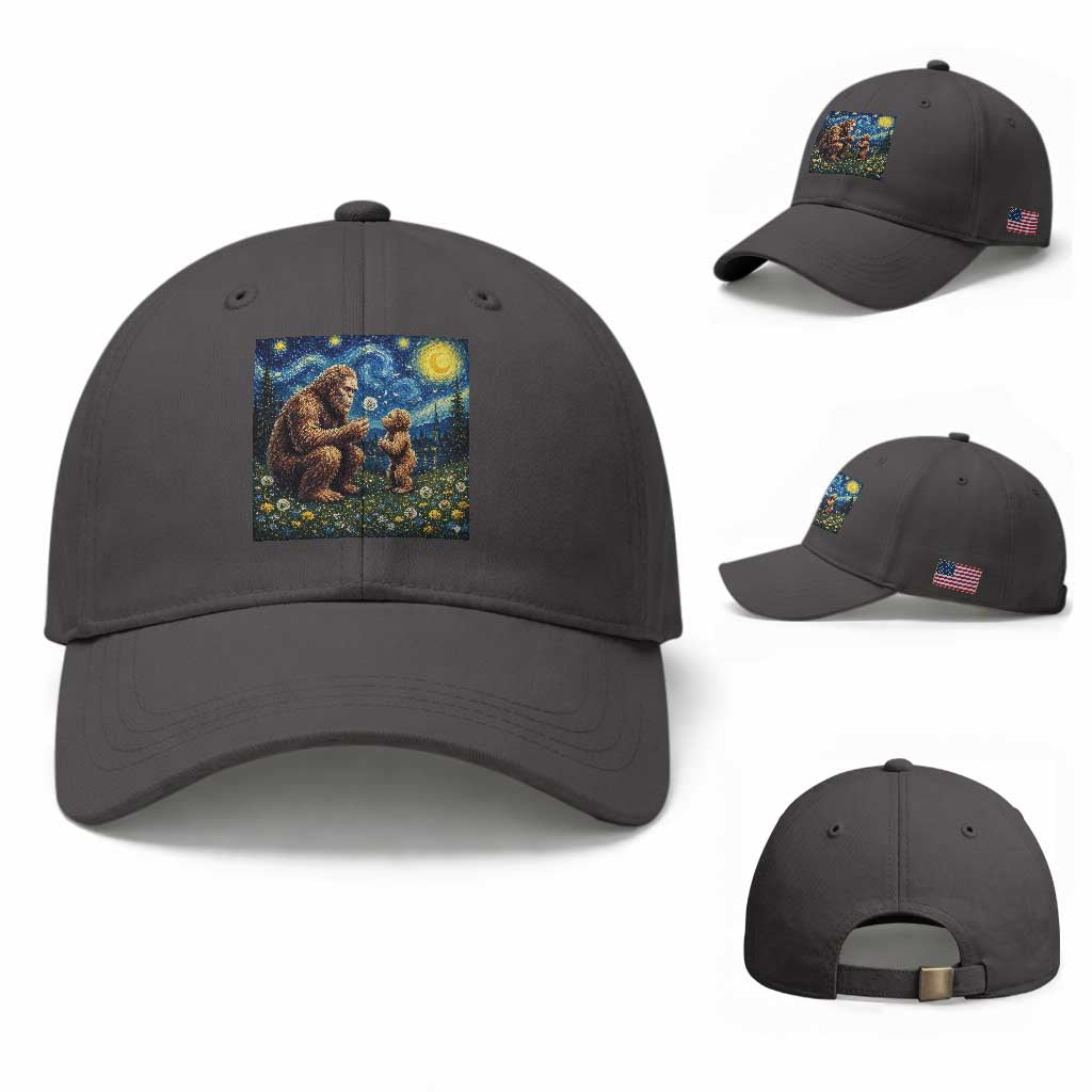 Bigfoot Blowing Dandelion Starry Night Baseball Cap Sasquatch Dad Fathers Day Father Son Matching
